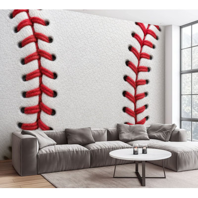 Wall Mural Peel and Stick Wallpaper Red stitching white leather baseball seamless Self-Adhesive Removable Contact Paper Wall Decor for Living Room Bedroom 100"H x 144"W