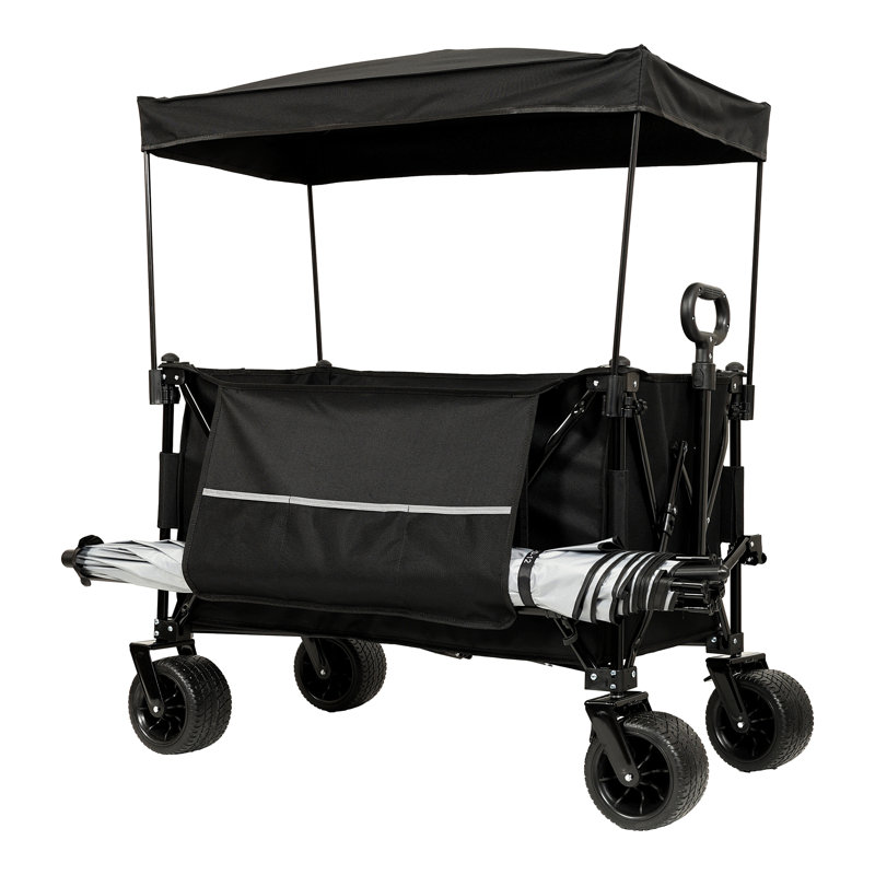 Chariot allongé pliable pliable avec auvent, capacité de poids de 480 lb, chariot de jardin pliant robuste avec grandes roues tout-terrain et porte-boissons, poche latérale et freins, moustiquaire