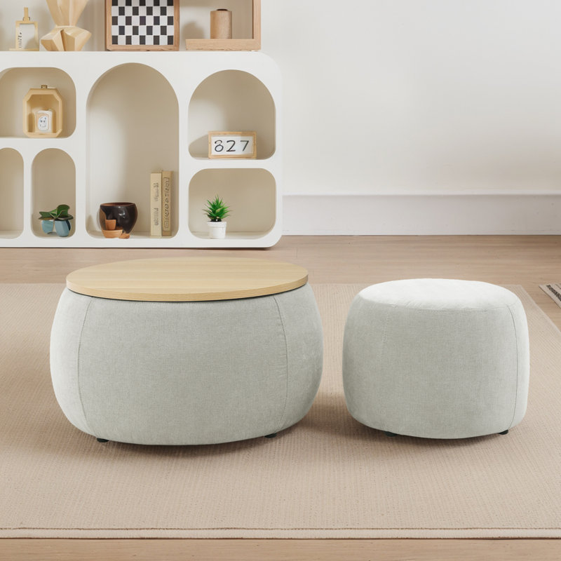 Round Storage Ottoman, 2 In 1 Function, Work As End Table And Ottoman,with Small Seat, Natural, Gray