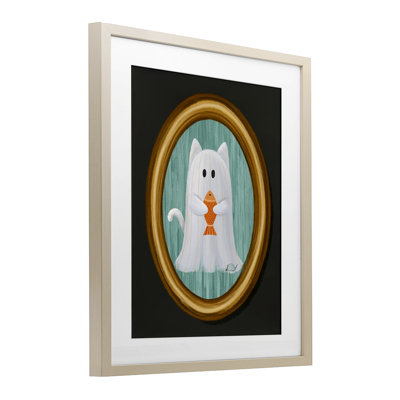 Ghost Cat with Fish Framed Print Under Glass, design by Jennifer Stith