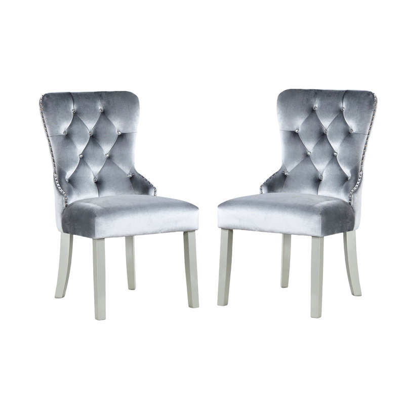Chaises d'appoint à oreilles en flanelle de style argenté et gris foncé 2 pièces, bois massif, boutons en acrylique imitant le cristal, miroir, garniture cloutée et revêtement en bois