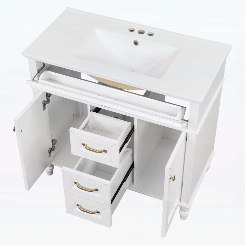 Meuble-lavabo 36 po avec lavabo, tiroir escamotable, portes à fermeture douce, 2 tiroirs de rangement, Blanc