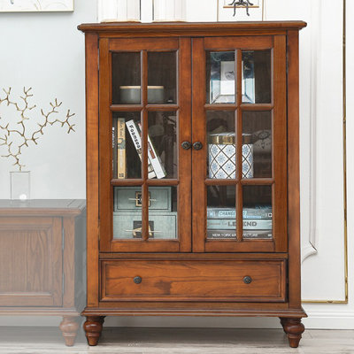 American-Style Vintage White Ash Wood Double-Door Glass Storage Cabinet by COMDOY