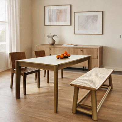 Ensemble de table de salle à manger extensible avec 4 chaises en rotin, fabrication en bois massif, s'étend de 59 à 73 pouces, 4 à 8 places, finition or doux, idéal pour les salles à manger