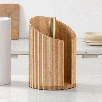 Porte-essuie-tout en bois avec motif cannelé pour la cuisine et la table, base antidérapante, bois de manguier écologique et tige en métal - mangue / or