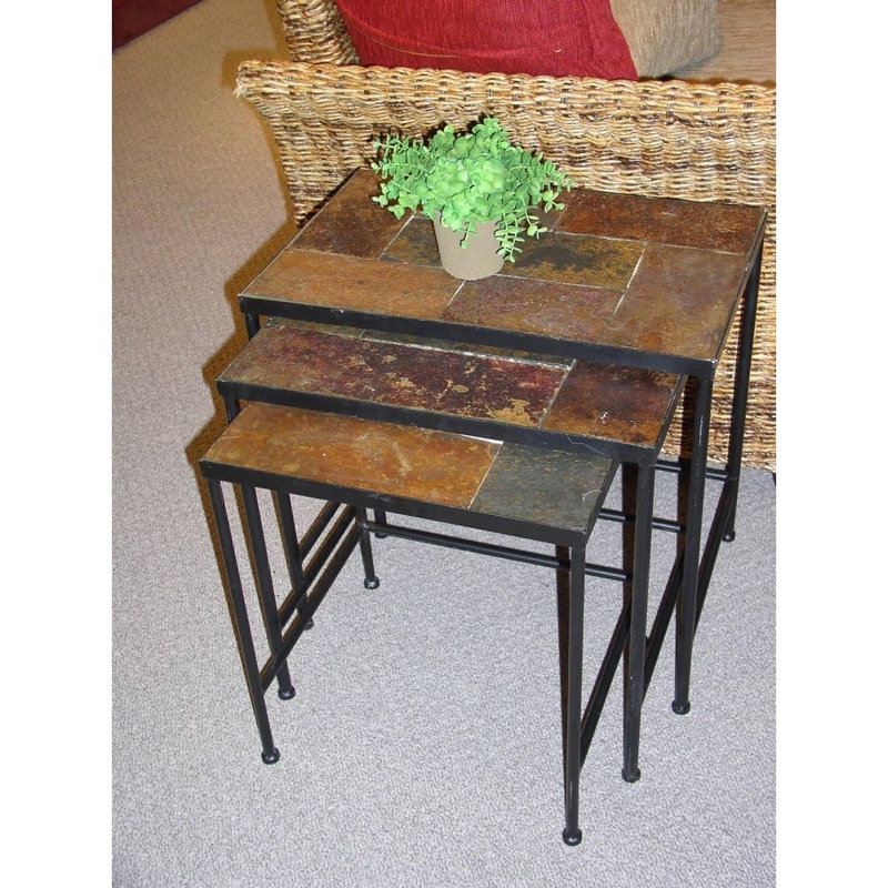 Set Of 3 Nesting Tables With Slate Tabletops, Solid Real Stone End Tables, Side And Accent Tables For Living Room Use