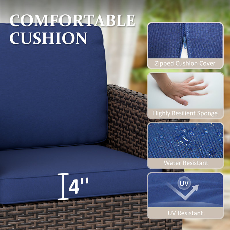 Powder Coated Black Steel Two-Seater Wicker Loveseat with Blue Cushions