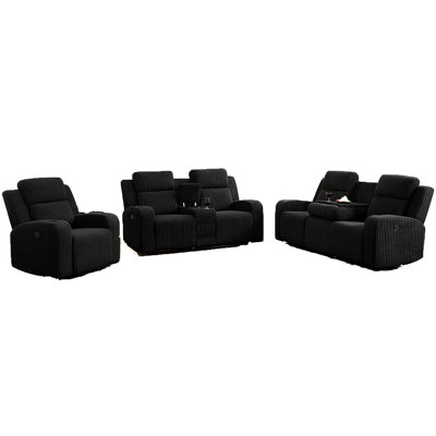 Ensemble de canapé inclinable 1 + 2 + 3 places, fausse fourrure manuelle inclinable, dossier central rabattable, haut-parleur de musique, port de chargement USB, téléphone sans fil, porte-gobelets, canapé inclinable pour salon noir