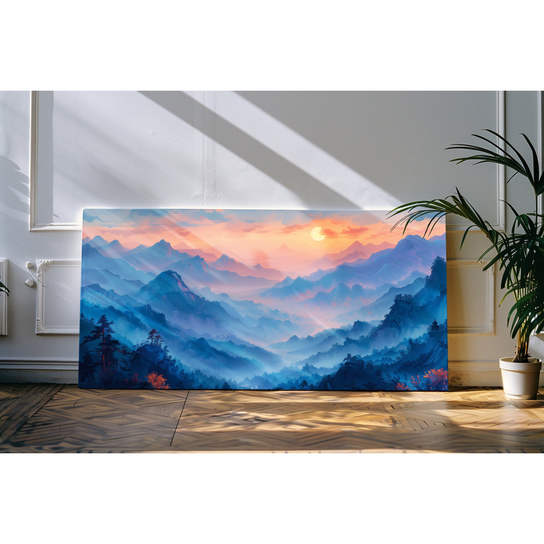 Gerahmtes Bild auf Leinwand 120x60cm Berglandschaft Natur Nebel Sonnenaufgang Berge Blau