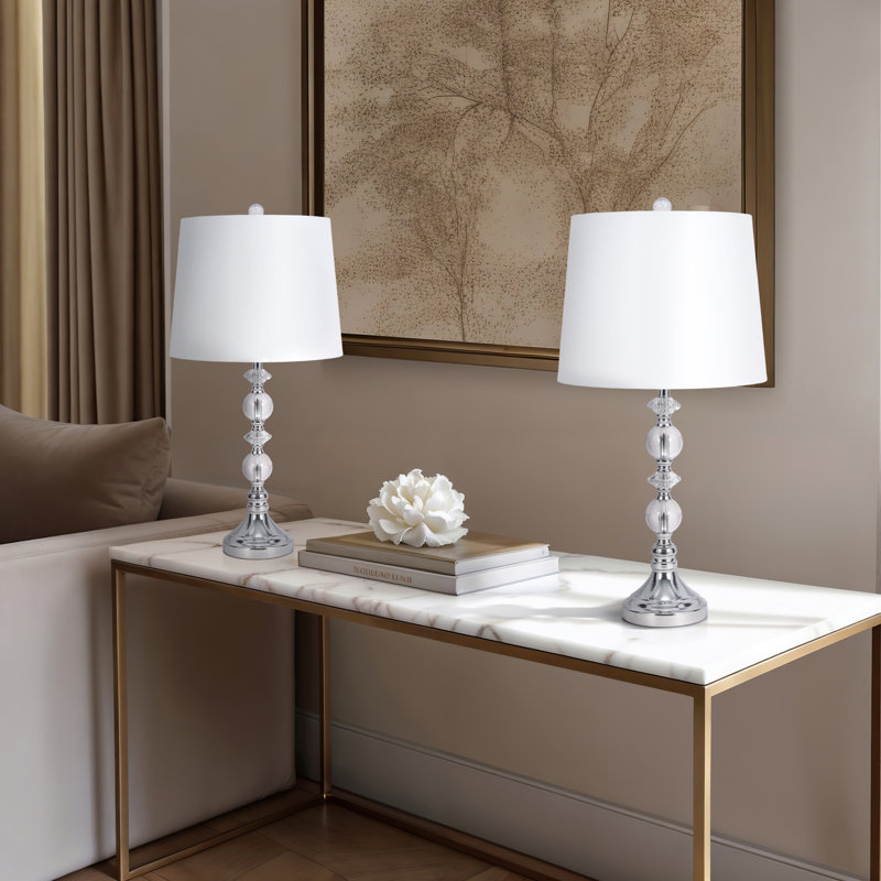 Decorative Glass Table Lamp for Living Room Decor - Desk Lamp for Bedroom Bedside and Small Side Table Accent - Set of 2, 26", Silver & Metallic