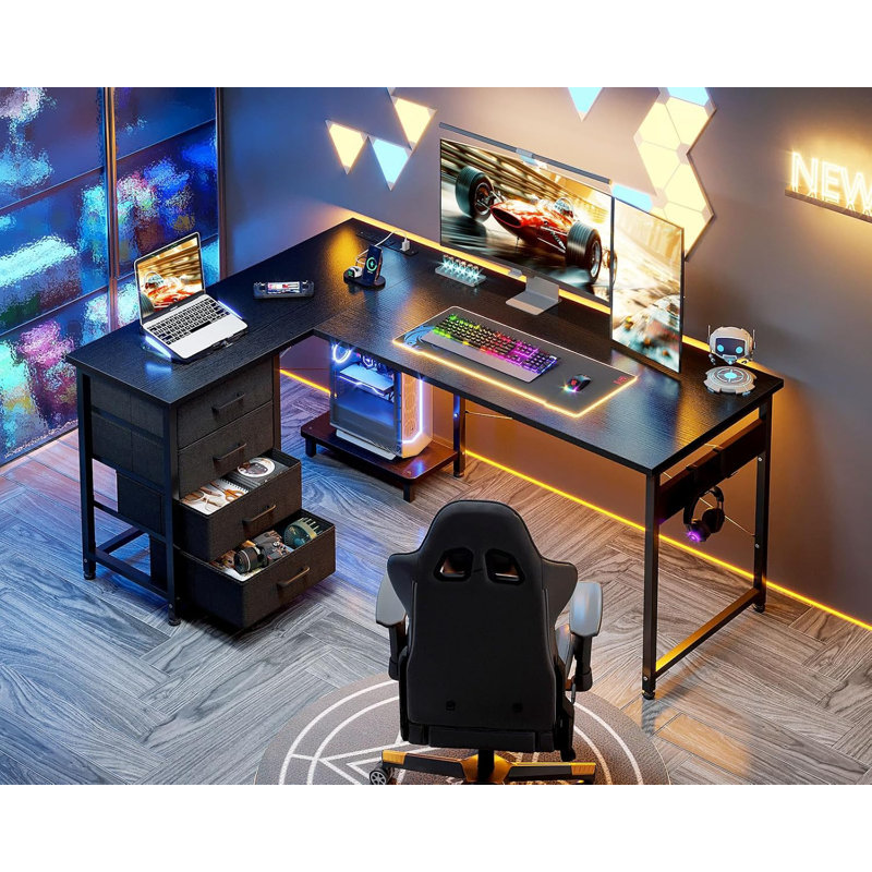 Bureau de jeu en L réversible avec 4 tiroirs, prises de courant et port de charge USB, bureau d'ordinateur en coin avec support pour bureau personnel, noir