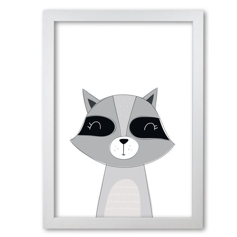 Scandi Raccoon - Painting, 42 cm H x 30 cm W x 5 cm D, White Grain Frame