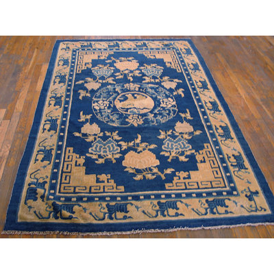 Antique Turn of The 19th Century Foo Dog Medallion Chinese Blue Color Ningxia Rug