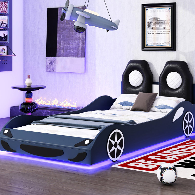 Confortable lit simple en forme de voiture de course avec coussin de dossier à DEL et relaxant, support rembourré en bois bleu - sommeil de qualité