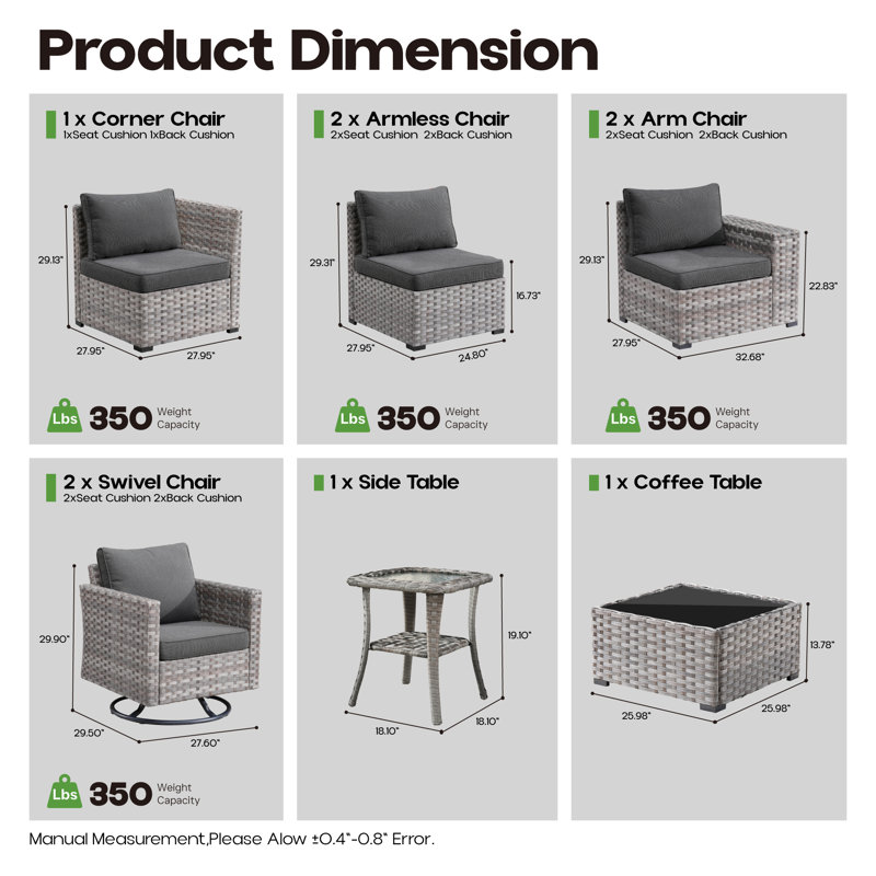 Baili 7 - Person Outdoor Wicker/Rattan Sectional Seating Group with Swivel Chairs, Modern Modular Conversation Set with Cushions