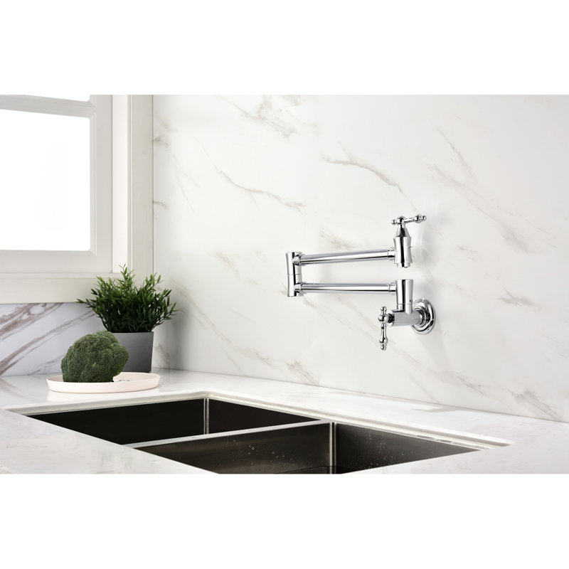 Wall Mount Pot Filler Faucet - Brass, Arm For Easy Filling, Double Handles Smooth Water Control, Fingerprint Finish - Reach To Pots, Precise Discharge Coating
