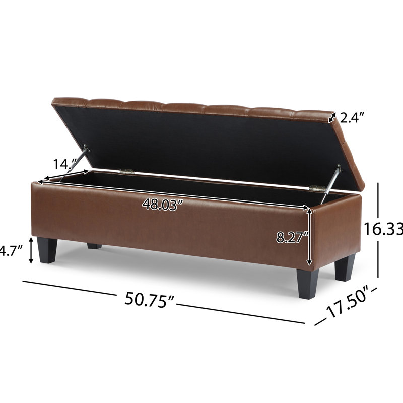 Banc de rangement brun en polyuréthane, pieds en bois d'hévéa, support de 300 lb, charnières à ouverture douce, coutures à boutons et à losanges, idéal pour l'intérieur de la maison, banc de H 49,56 po x P 17,11 po avec surface