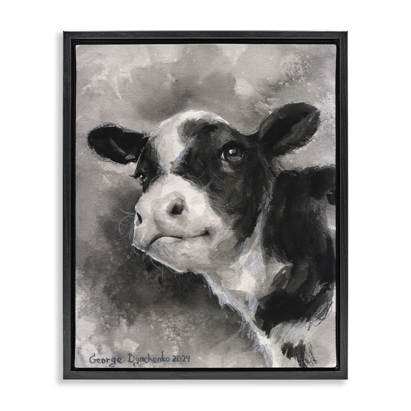 «Sourire bébé veau» par George Dyachenko, Cadre flottant noir de jais, H 21 po x l 17 po