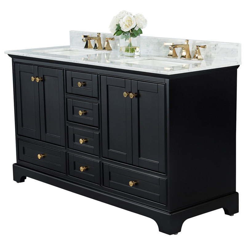Audrey 60'' W Double Vanity, Gold, White, Carrara White