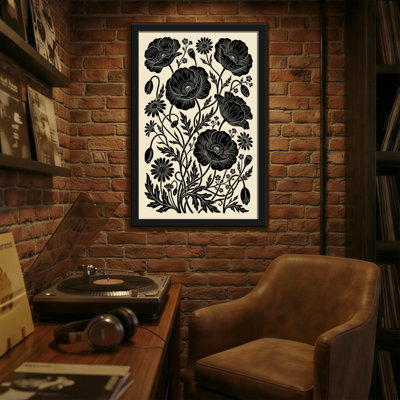Plantes et fleurs - motif floral coquelicot noir sur fond crème