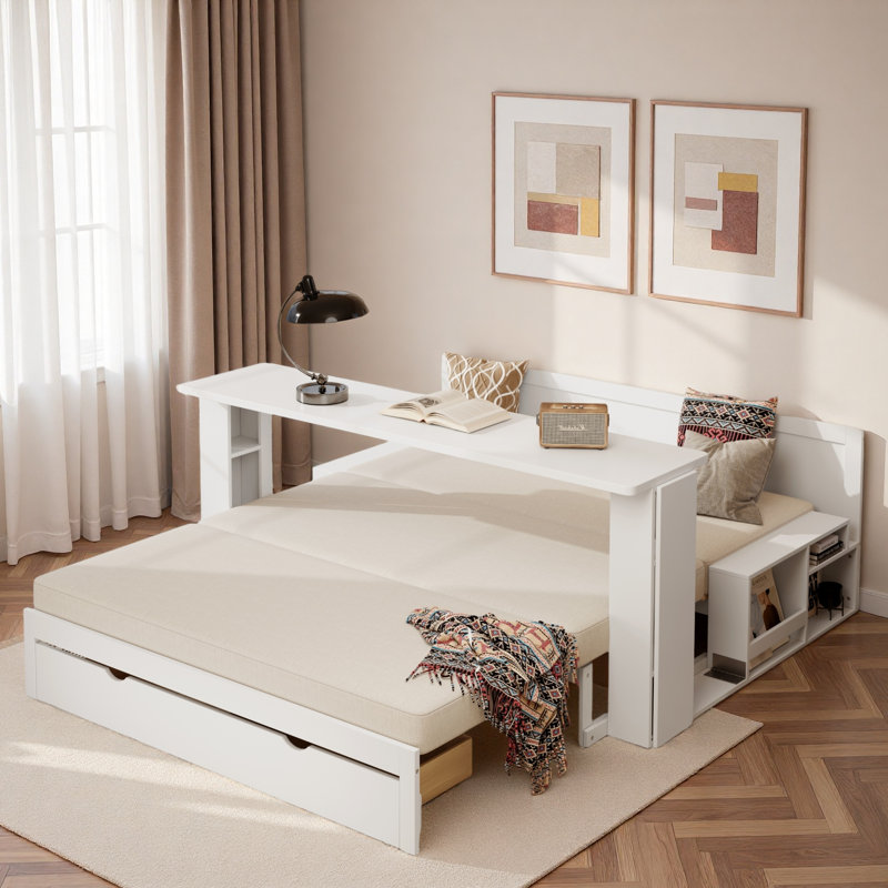 Multifunctional Daybed With Storage Drawer, Open Compartments And Hydraulic Side Table, White 