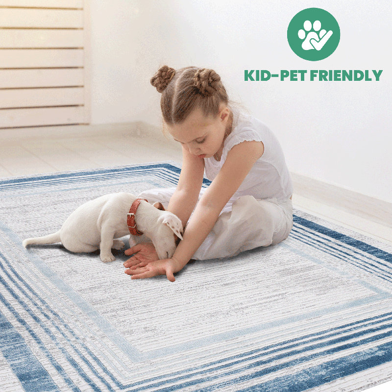 LOOM & LUXE Collection 6 Blue/Ivory/Bordered Non-Shedding Area Rug