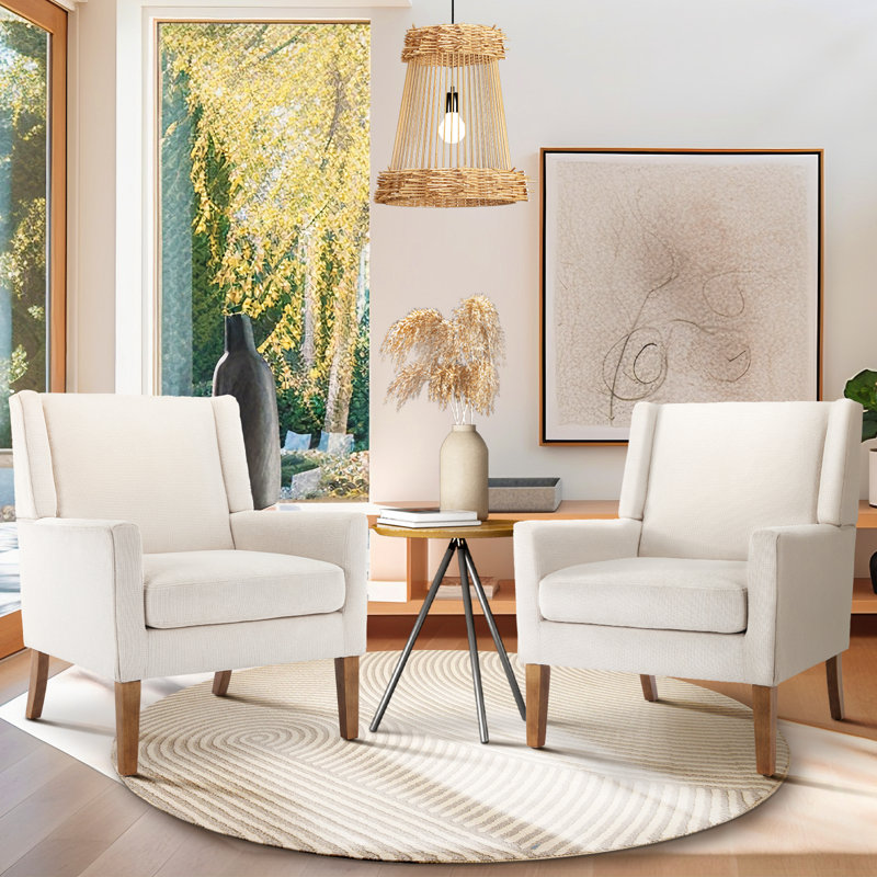 28.35'' Wide Wing Back Upholstered Accent Armchair (Set of 2), Beige Linen