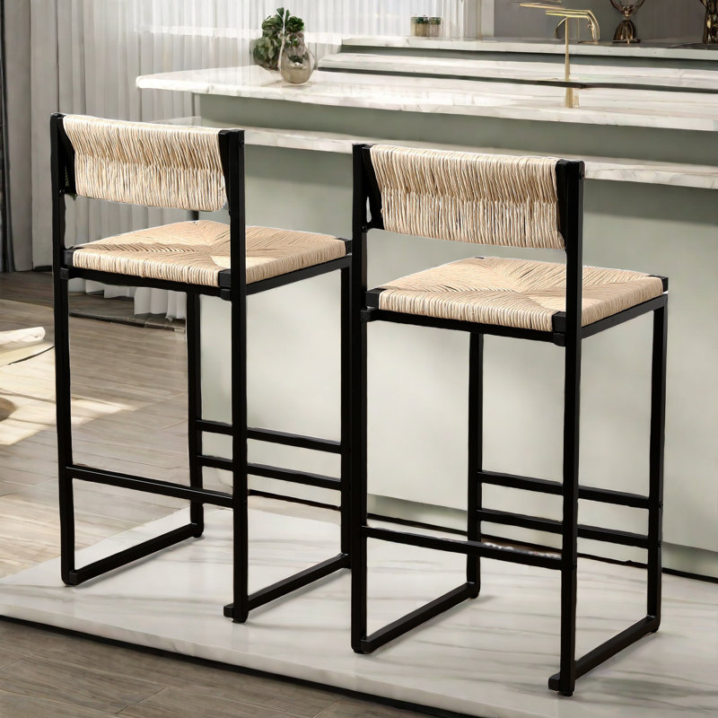 Bar Stools Set Of 2 Paper Rope Weave Dining Chairs And Metal Frame, Creamy White