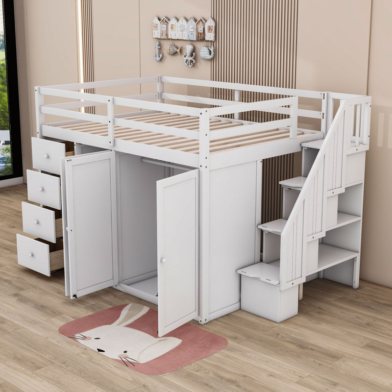Lit mezzanine double avec tiroirs Jebidiah Kids, Blanc