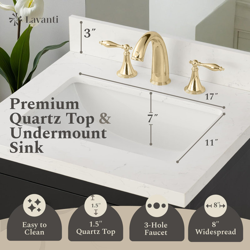 Lavanti Oakford 24 Inch Bathroom Vanity with Sink – 100% Premium Solid Wood, Stylish Black Vanity Bathroom with Storage Cabinet – Modern Bathroom Vanities with Single Vanity Sink & 1.5" Quartz Countertop
