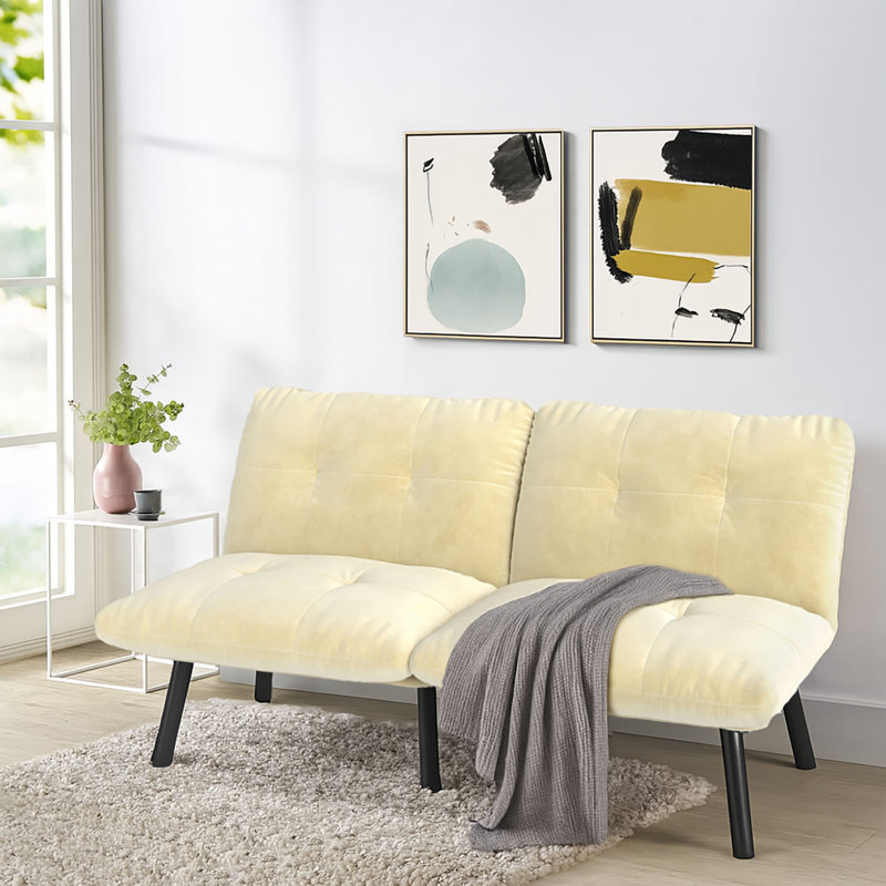 Classic Velvet Upholstered Convertible Futon Sofa Bed with Adjustable Split Backrest, Beige Velvet