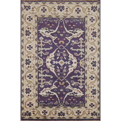Tapis de vestibule indien en laine mauve fait à la main Oushak 4 x 6