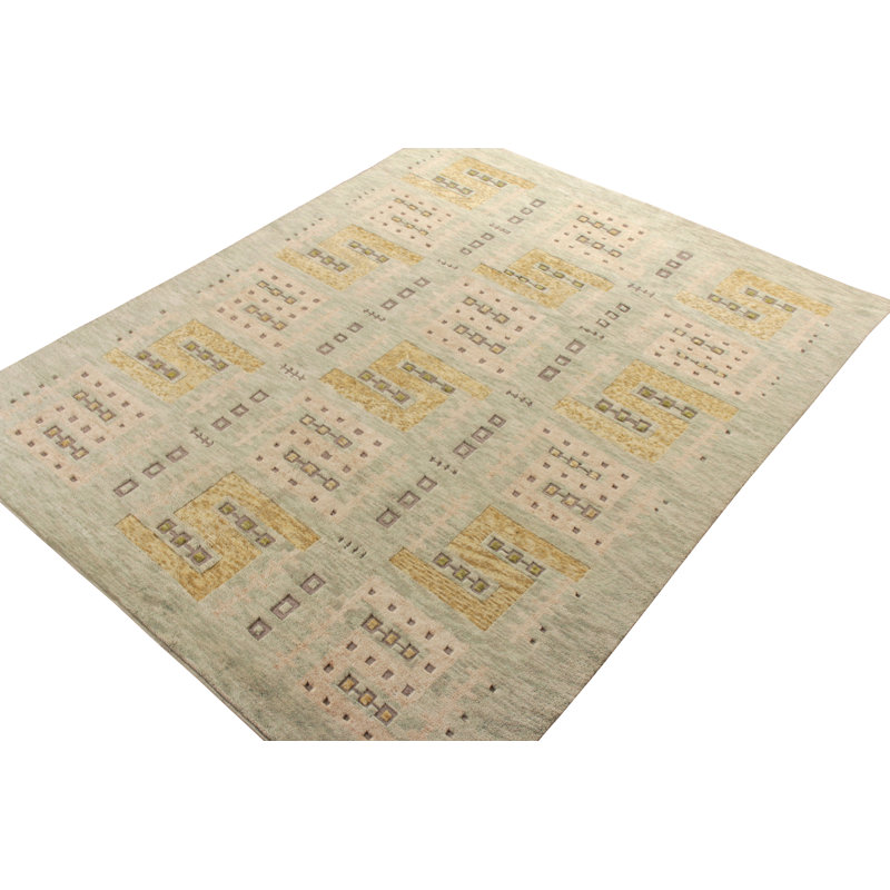 Rug & Kilim’S Scandinavian Style Rug In Green, Beige And Gold Geometric Pattern, Rectangle 5' x 7'