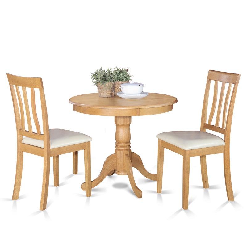 3 Piece Kitchen Table Set for Small Spaces Contains a Round Dining Room Table with Pedestal and 2 Faux Leather Chairs, Oak, 3