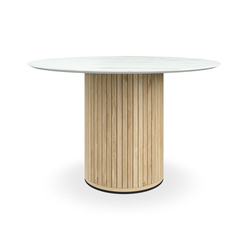 Arlo 120cm Round White Marble Dining Table, White Marble/Oak