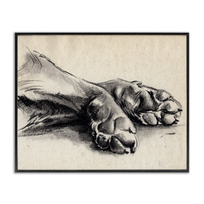 Dog Paw Charcoal Design Minimal Tan Black Oversized Black Framed Giclee Texturized Art by Jennifer Paxton Parker