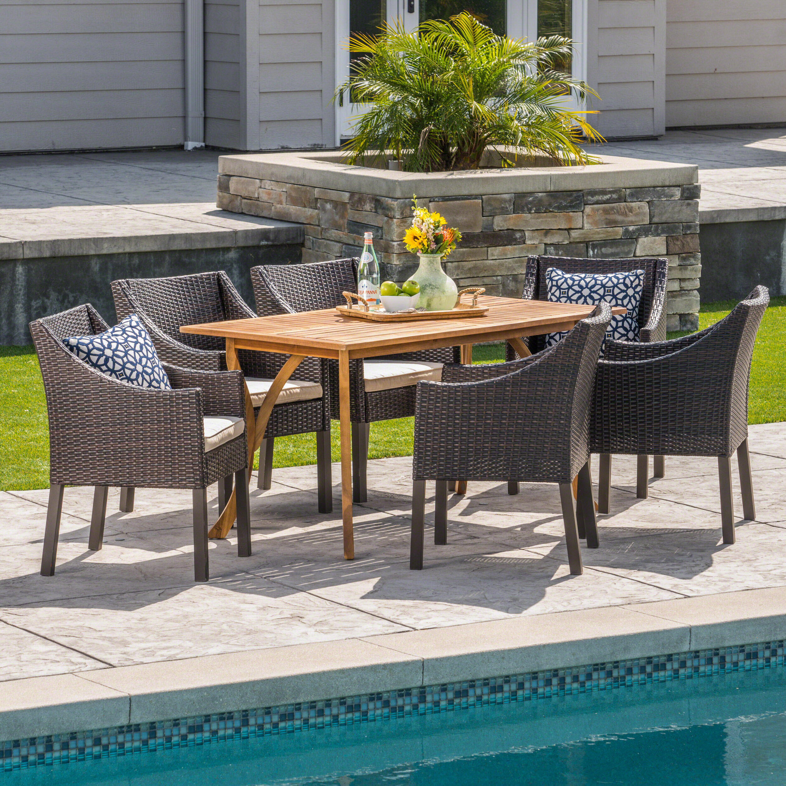 Winston Porter Vernay Outdoor Acacia Wood/Wicker 7 Piece Dining Set ...