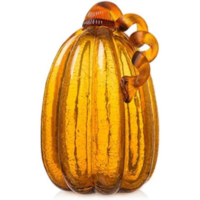 Hand Blown Glass Pumpkin Decor 9" Amber - Artisan Fall Table Centerpiece For Thanksgiving Harvest Home Decor Halloween Displays