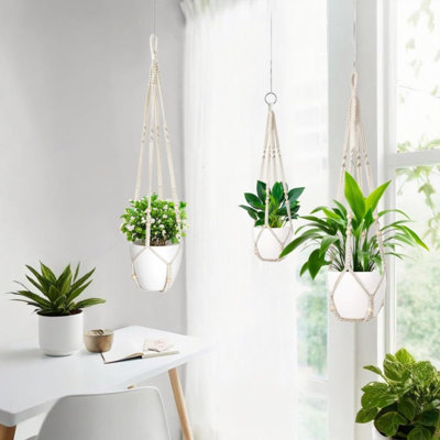3 pièces panier de jardinière à suspendre en macramé avec crochets en bois et crochets porte-pot de fleurs décoratifs sans pampilles pour l'intérieur et l'extérieur Boho 35 po, ivoire, ensemble de 3 (pots non inclus)