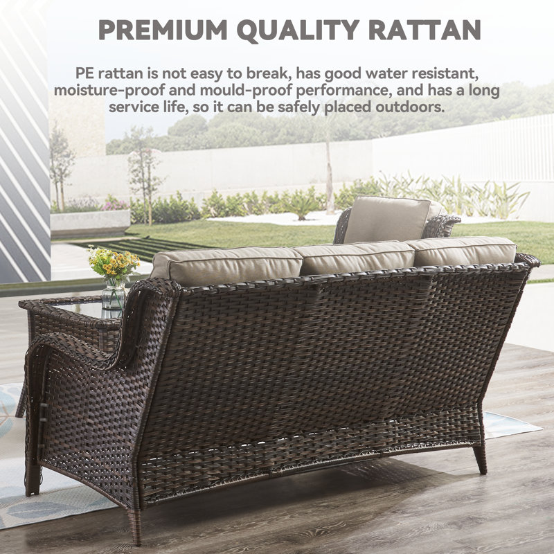 Schutt 7 - Person Outdoor Wicker/Rattan Seating Group with Fire pit and Cushions, Gray, Brown