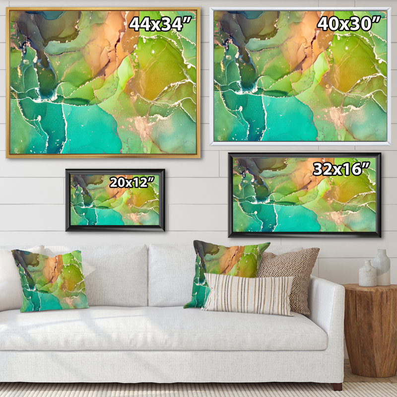 Marbre abstrait vert et turquoise - reproduction sur toile, Cadre flottant doré, H 24 po x l 32 po