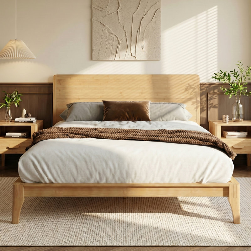 Mid-Century Modern 12 Inch Bamboo Wood Platform Bed with Wood Slat Support, No Box Spring Needed, Easy Assembly, King