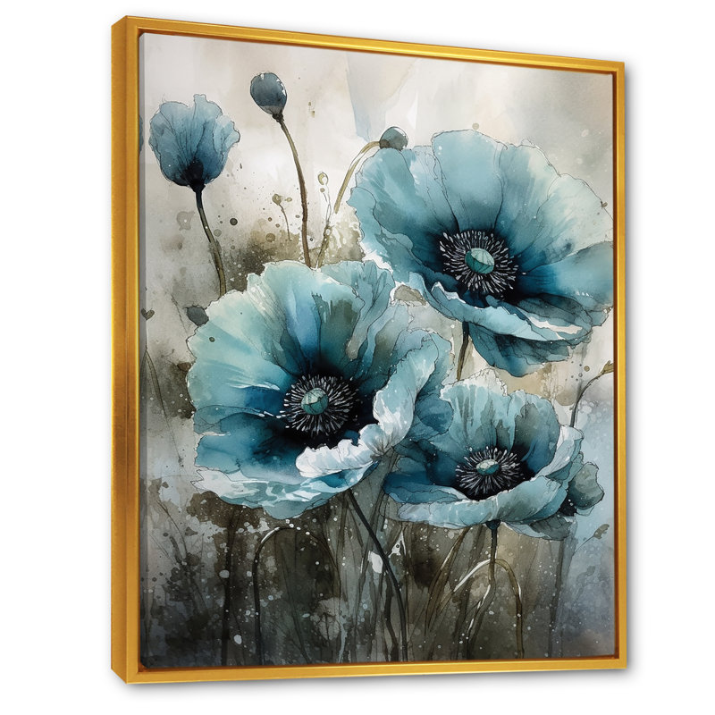 Fleurs de pavot bleu pâle et blanches II sur toile, Cadre flottant doré, H 44 po x l 34 po x P 1,5 po
