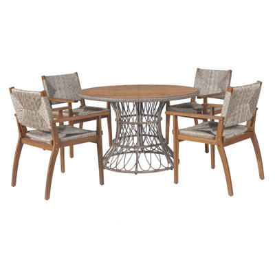 Ensemble repas 5 pièces pour l'extérieur: table ronde en bois d'acacia à finition teck et 4 fauteuils en osier à finition teck, mobilier de jardin