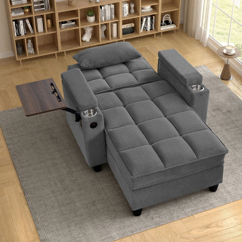 Méridienne convertible simple avec USB et Type-C, 2 porte-gobelets, table d'appoint, rangement sous le siège et accoudoirs de rangement