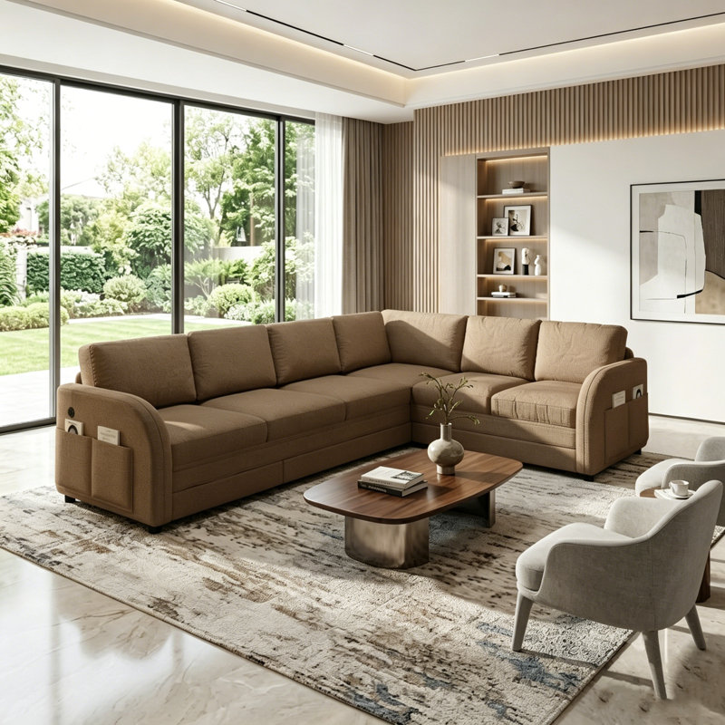Canapé-lit modulaire réversible moderne en L à 6 places avec couchette coulissante, port USB avec poches de rangement, Brown