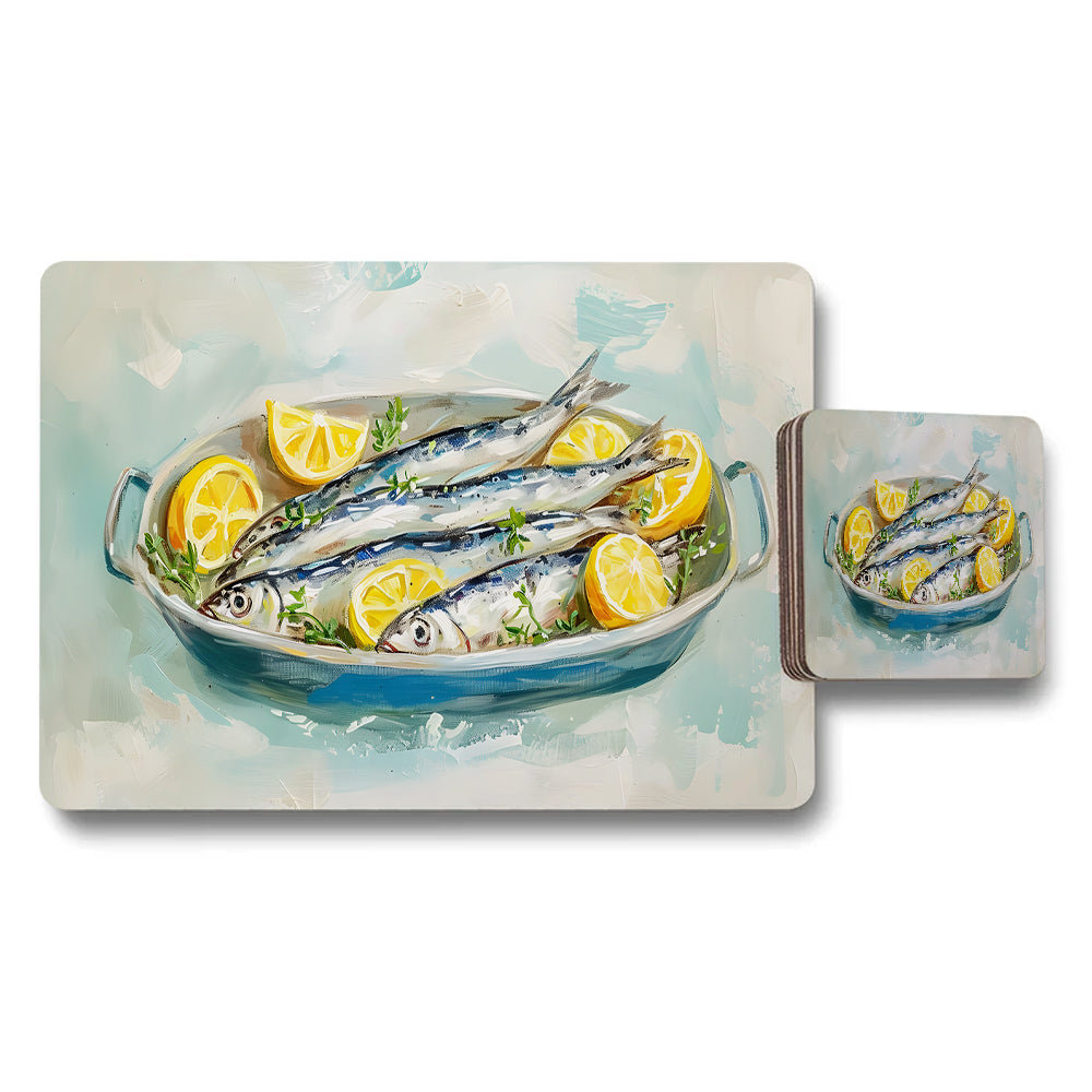 Fish and Lemon Placemats and Coaster Set for Kitchen Table Decor