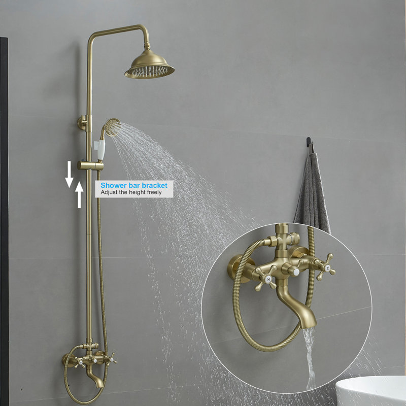 Ensemble de douche de bar mural à 3 jets Pomme de douche ronde avec douchette et tuyau en laiton 2 boutons croisés