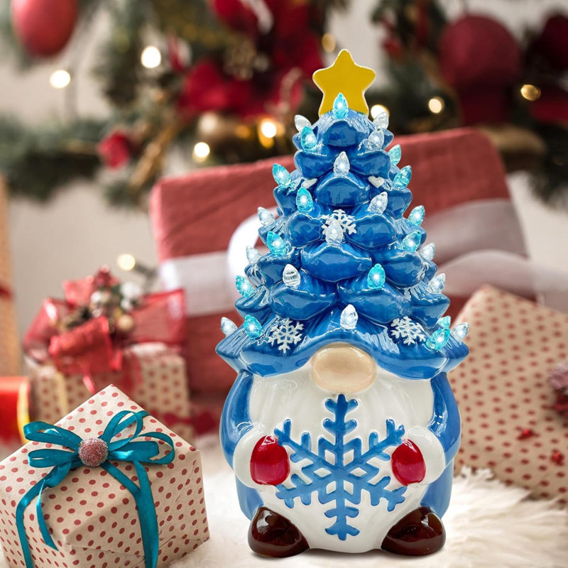 Arbre de Noël en céramique, décorations de Noël pour table de maison intérieure, décorations de Noël gnome bleu, petit arbre de Noël avec lumières, décor de vacances d'hiver en céramique