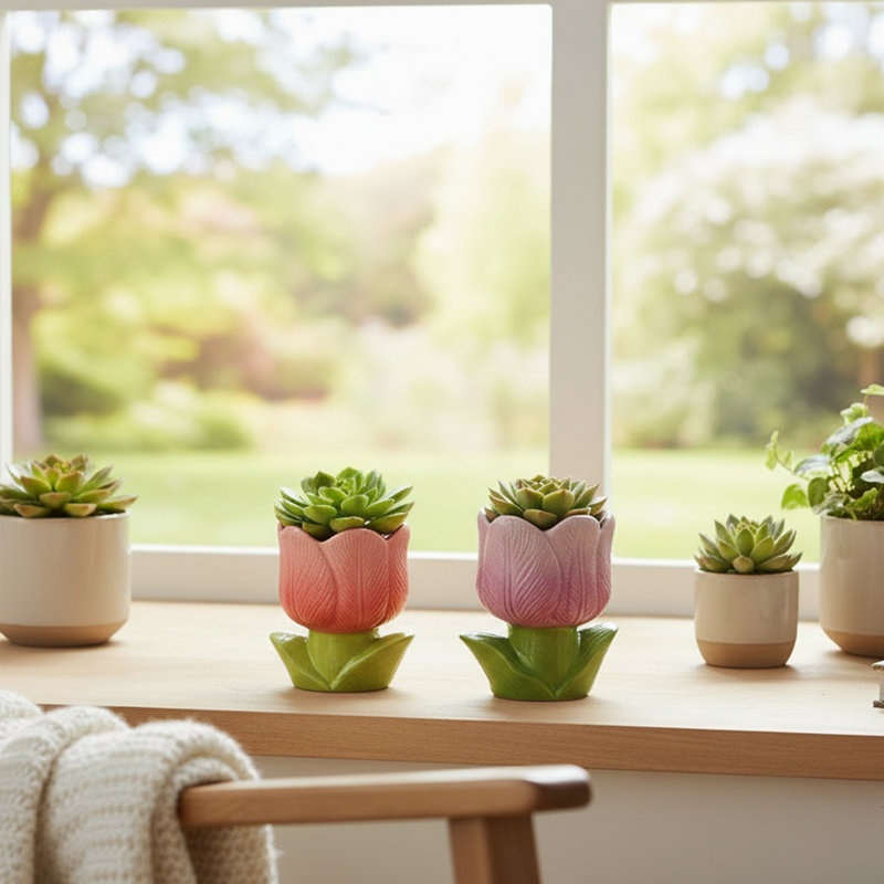 Ceramic Planter Tulip Bloom Cup Pink & Purple - Set Of 2, Pink/Purple